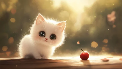 White Cat with Large Eyes and Red Apple.