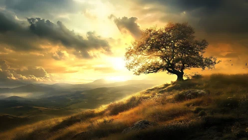 Lone hillside tree glows beneath a dramatic golden sunset.