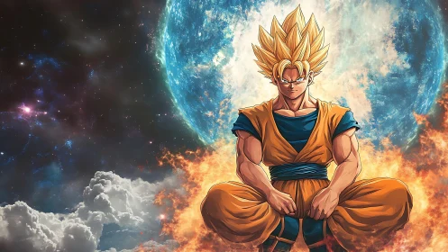 Golden haired warrior meditates before vast burning planet