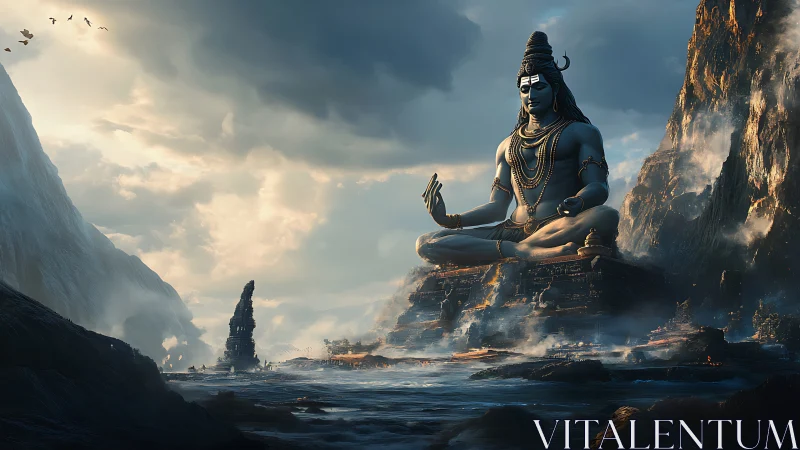 Majestic Shiva statue overlooks stormy mythic seascape.