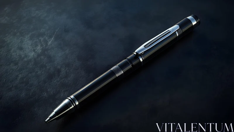 Elegant black fountain pen on textured dark surface, modern style.