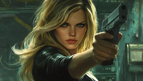 Steel-eyed blonde agent levels her pistol in neon dusk.