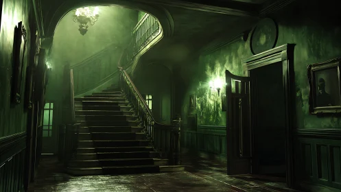 Fog-drenched manor staircase rises through eerie green light