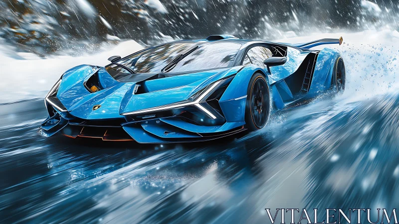 Blue hypercar on icy mountain road in dynamic motion scene.