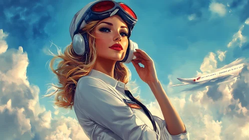 Aviation headset pilot portrait in luminous cloudscape sky