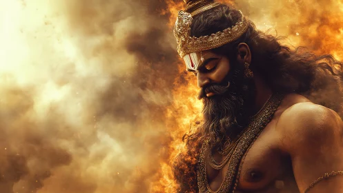 Mythic warrior profile amid incandescent firestorm haze