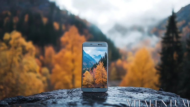 Phone window framing cozy autumn mountains and golden trees.