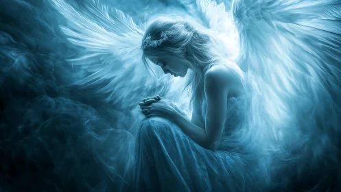 Luminous angel kneels in swirling ethereal blue light.