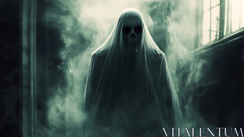 Veiled skull wraith glides through toxic hallway fog.