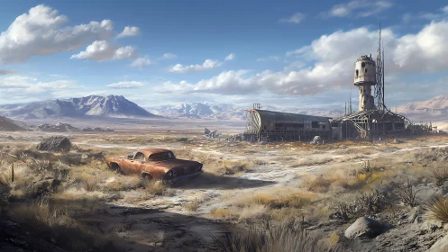 Desert ruin with rusted car and decommissioned tower station.