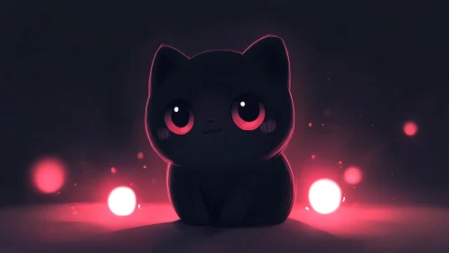Dark stylized cat figure is illuminated by red glowing orbs
