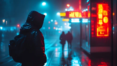Hooded figure stands on wet city street at night