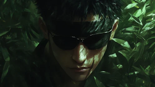 Stealth operative portrait rendered in dense, chiaroscuro foliage