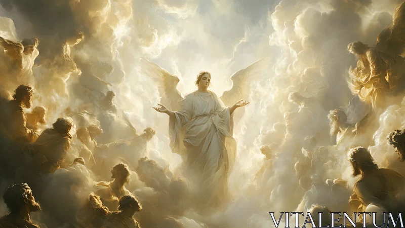 Luminous angelic ascension amid volumetric celestial cloudfields.