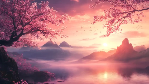 Cherry blossoms frame distant mountains over misted lake