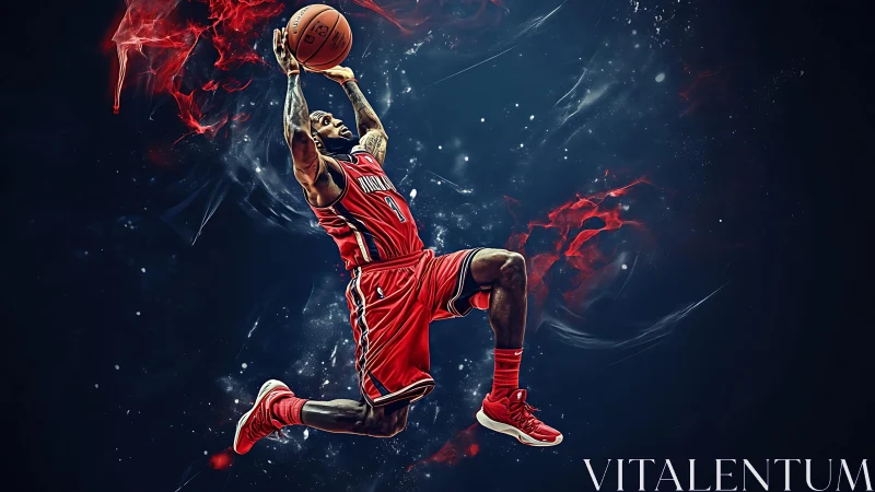 Kinetic digital rendering of airborne basketball dunk motion.