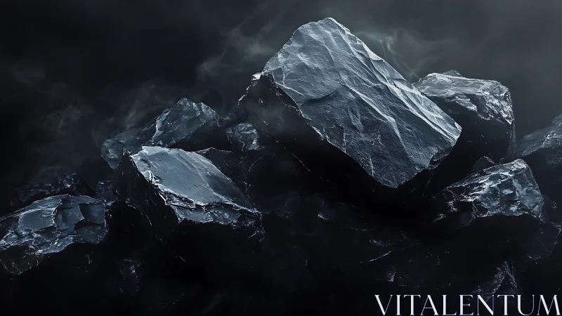 Dark angular coal-like rocks sit in dense surrounding fog