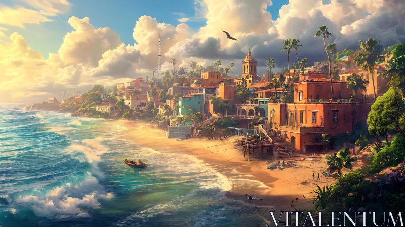 Golden hour over vibrant hillside Mediterranean bay town.