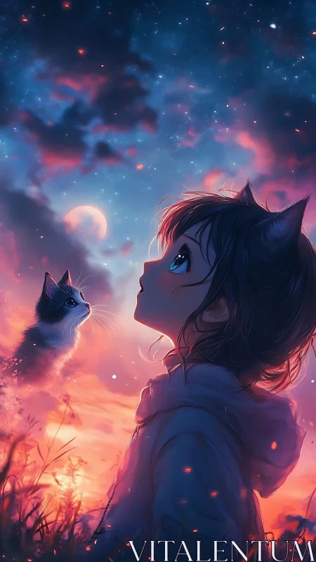 Cat-eared girl watches glowing sky beside floating cat