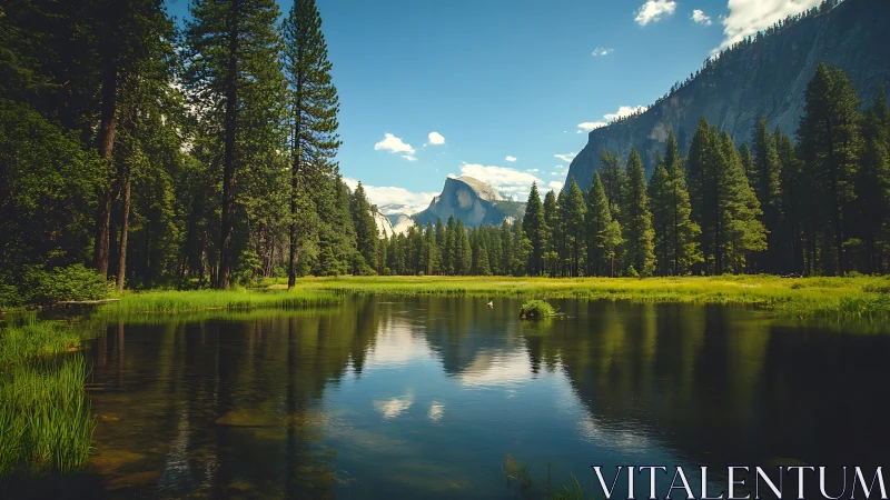 Sunlit forest lake cradled by distant granite peaks.