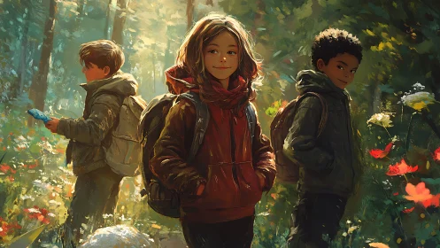 Three young adventurers explore luminous forest with backpacks and determined expressions
