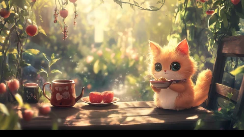 Golden garden kitten sharing a quiet breakfast moment.