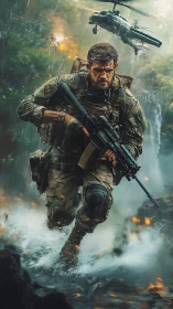 Photorealistic tactical soldier sprinting through combat river zone.
