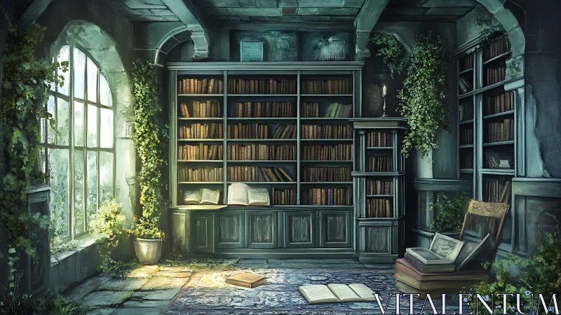 Old stone library with tall bookshelves and windowed wall
