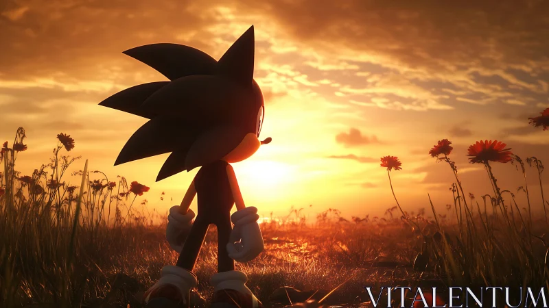 Blue hedgehog silhouette watches a glowing sunset field.