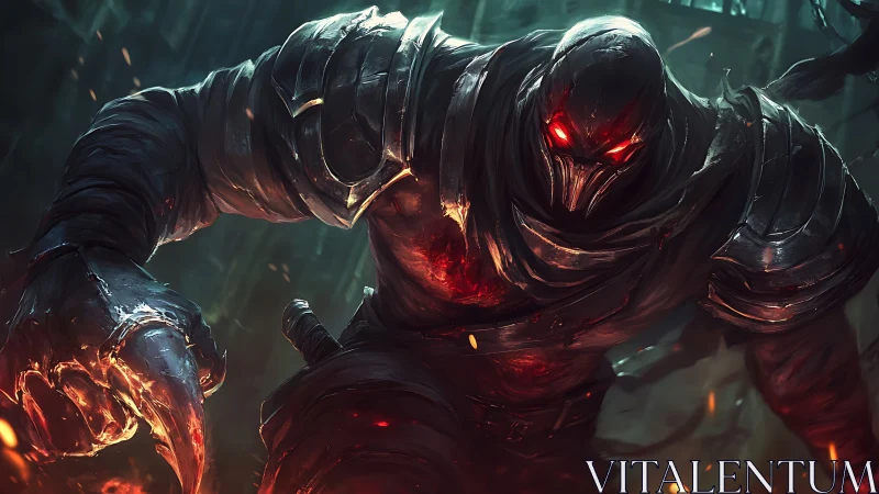 Ember-eyed war colossus strides through storming embers