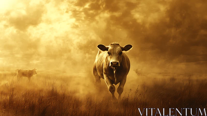 Golden field cow walking through soft evening haze.