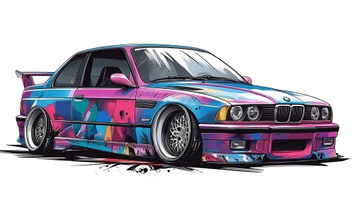 Illustrated BMW coupe with multicolor body kit on white field.