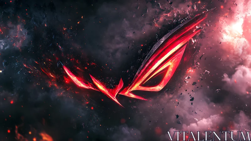 Flaming red emblem cuts through stormy cosmic clouds with power