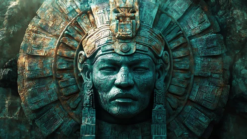 Ancient stone deity relief rendered in cinematic digital detail