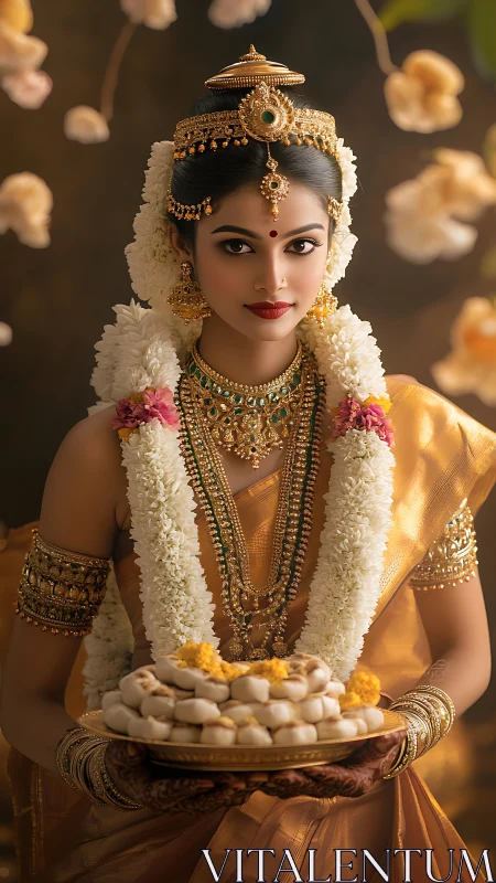 South Indian bride in gold silk with ceremonial sweets plate.