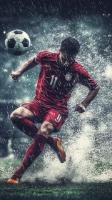 Storm‑soaked soccer hero leaping through pouring rain.