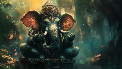 Elephant deity statue amid luminous jungle ruins.