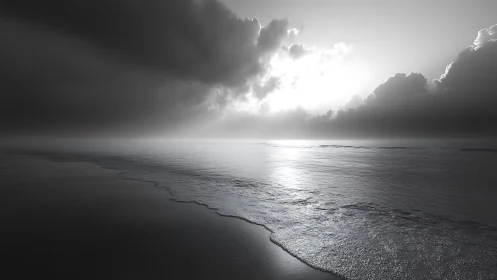 Monochrome seascape under dramatic storm clouds at dusk.