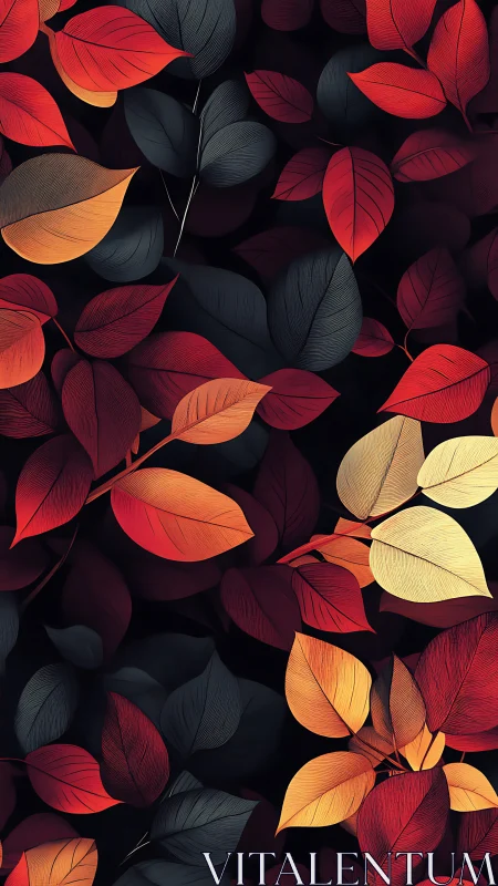 Autumn foliage pattern in saturated red, gold, and charcoal tones.