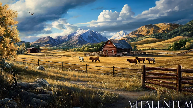 Mountain valley ranch landscape with cattle and barns.