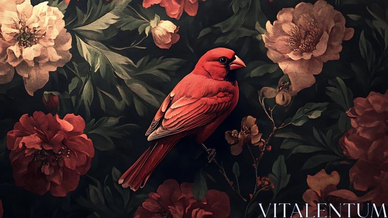 Crimson cardinal perched amid dark peony blossoms.