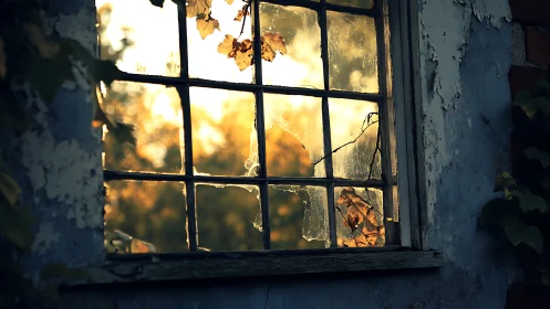 Backlit cracked window frames autumn foliage in soft focus