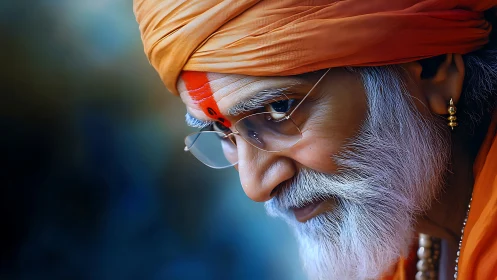 Elderly man in orange turban and glasses, close side view.