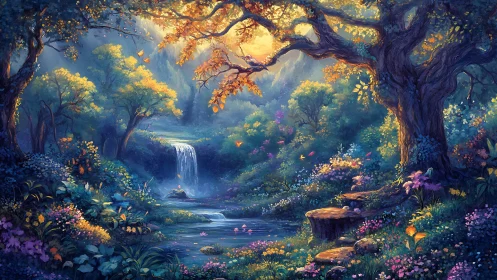 Enchanted forest landscape with waterfall and flowering vegetation.