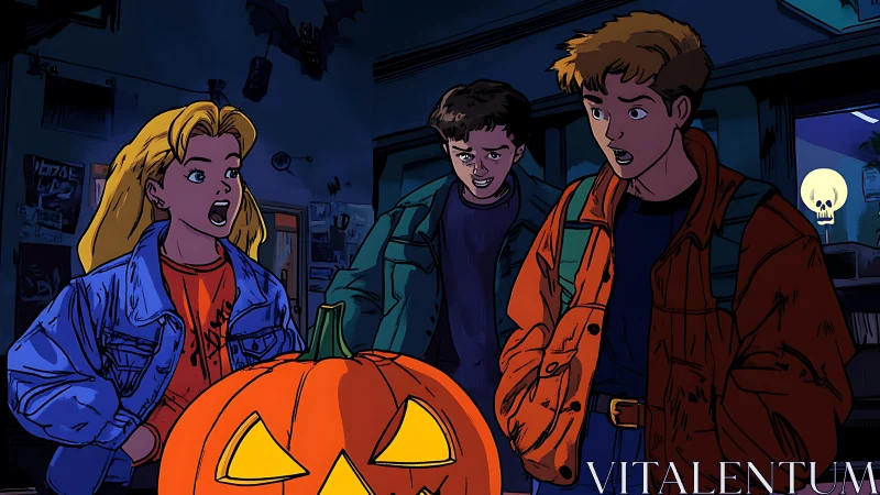 Teen trio react to glowing jack o lantern in neon hues.