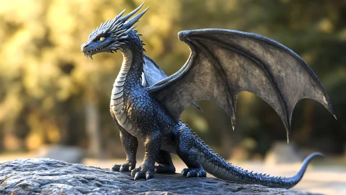 Young blue dragon stands alert on sunlit rock surface