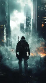 Solitary urban operative in post-blast megacity convergence.