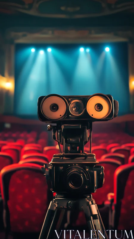 Camera-like robot stands centered in empty theater auditorium