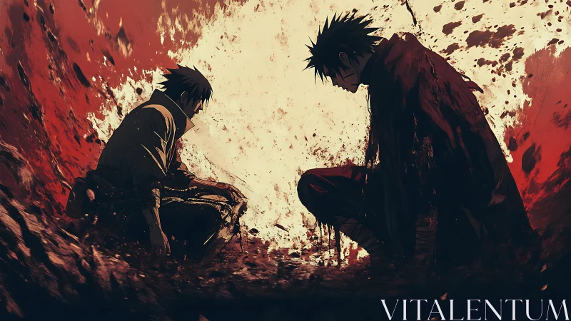 War-torn anime rivals kneel in blood-splashed cratered void.