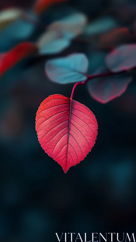 Single red leaf against soft teal blurred background.